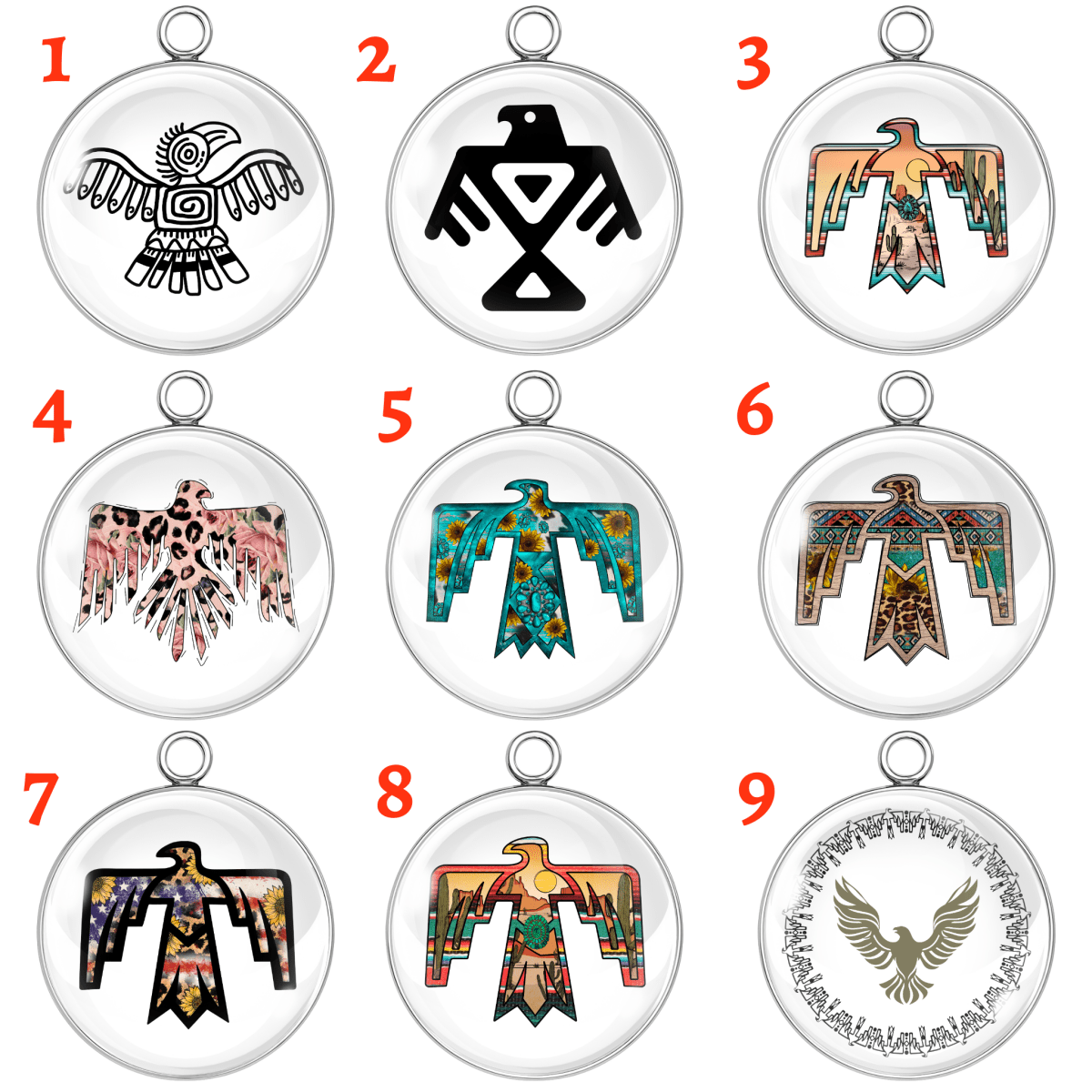 Thunderbird Native art glass cabochon charms set – 9 unique tribal bird designs in stainless steel bases for jewelry making and crafts