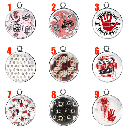 True Crime Glass Cabochon Charms – Murder Mystery Jewelry Supplies, Serial Killer Crafts, DIY Accessories