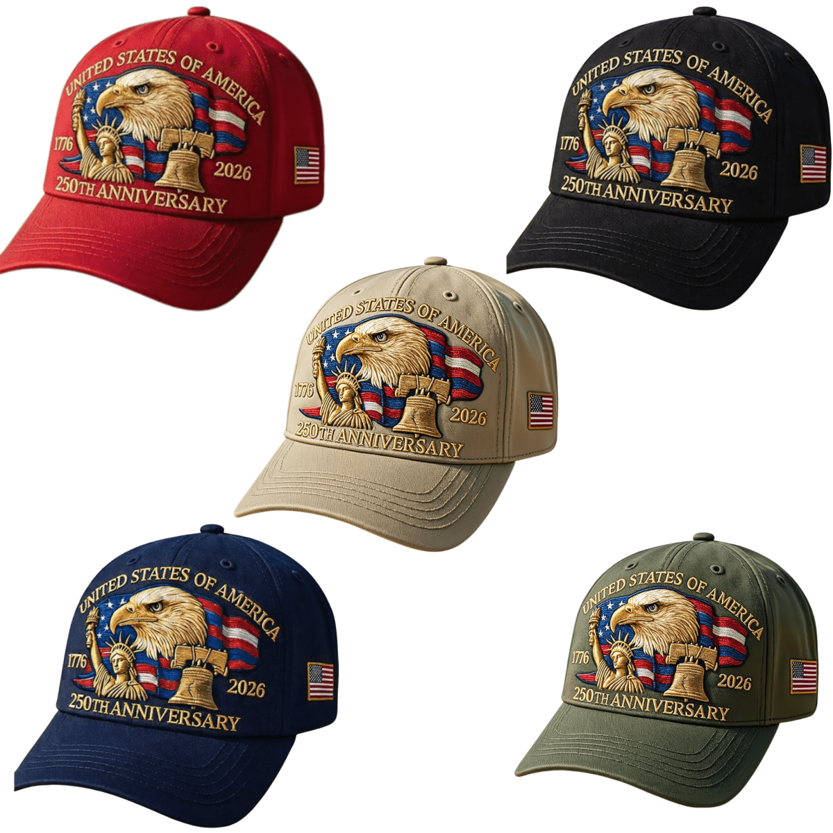 Five baseball caps with 'United States of America 250th Anniversary' design on a white background.