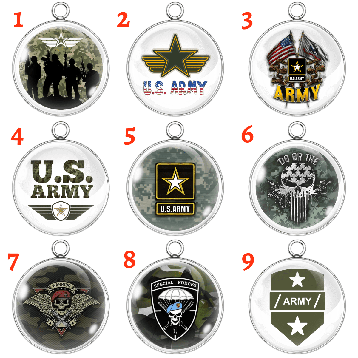 U.S. Army Patriotic Glass Cabochon Charms – 9 styles, stainless steel bases.