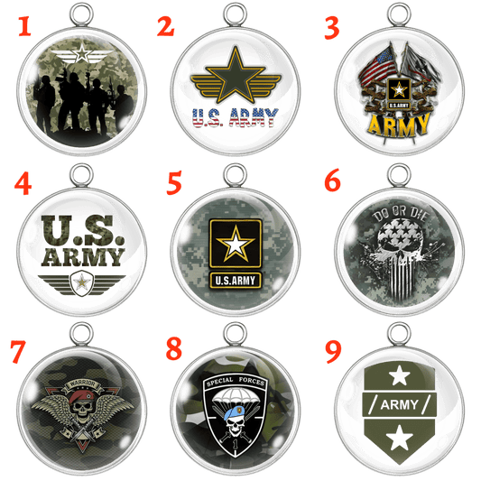 U.S. Army Patriotic Glass Cabochon Charms – 9 styles, stainless steel bases.