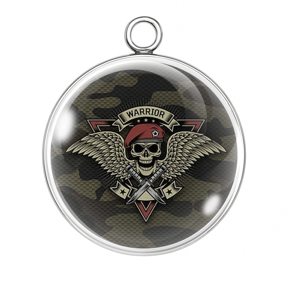 Circular pendant with skull design, wings, crossed swords, and 'Warrior' text on a camouflage background.