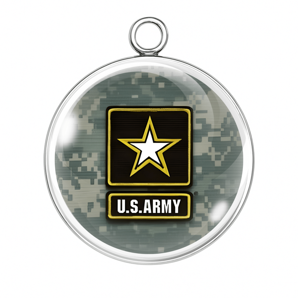 U.S. Army emblem on a camouflage background with a clear border
