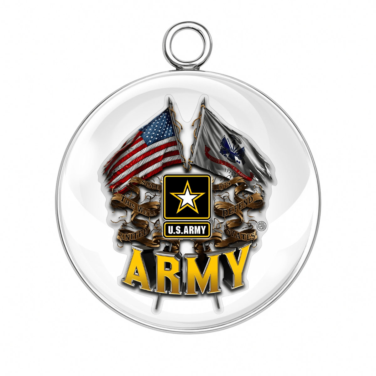 Circular pendant with U.S. Army logo and American flags on a white background