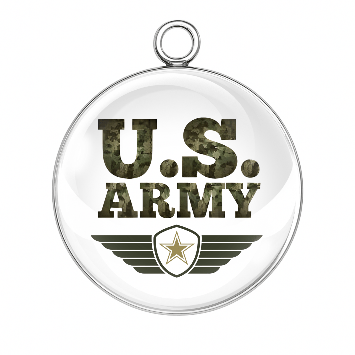 U.S. Army pendant with camouflage text on a clear background