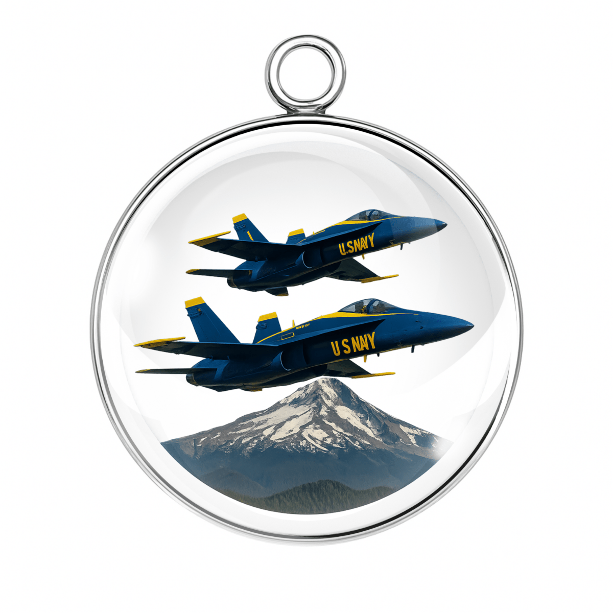 2: Two Blue Angels jets flying over a snowy mountain