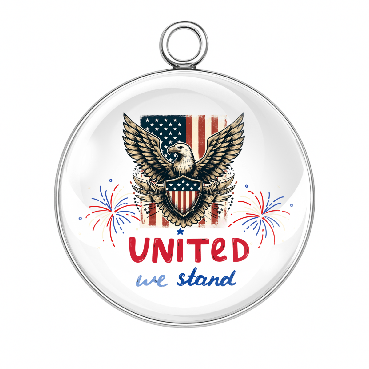 Eagle with fireworks and “United We Stand” text