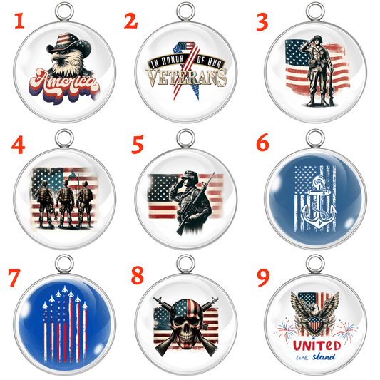 "Patriotic USA-themed glass cabochon charms – 9 funny and powerful military and redneck designs"