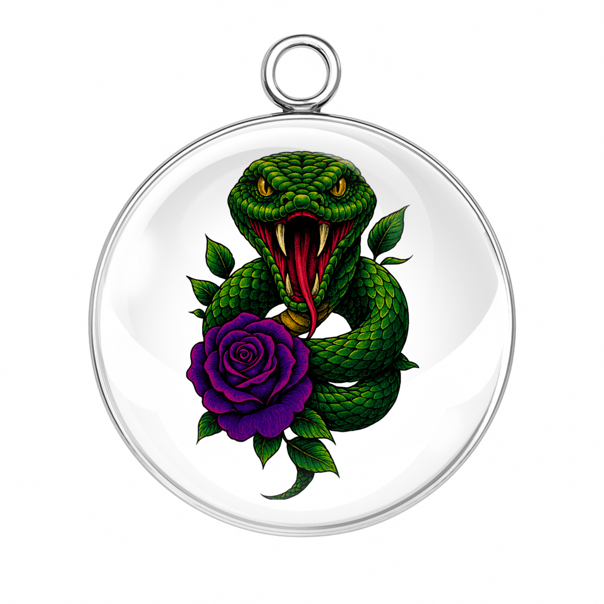 "Green snake with open mouth wrapped around a purple rose on a white background glass cabochon charm"