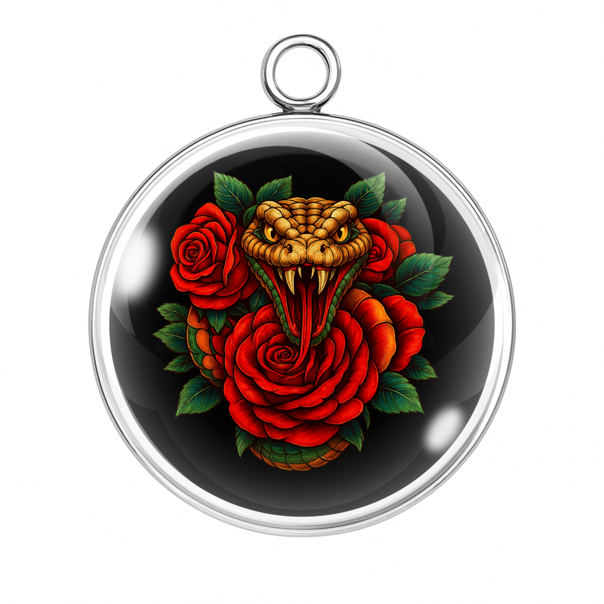 "Golden cobra head emerging from vibrant red roses, black background glass cabochon charm"