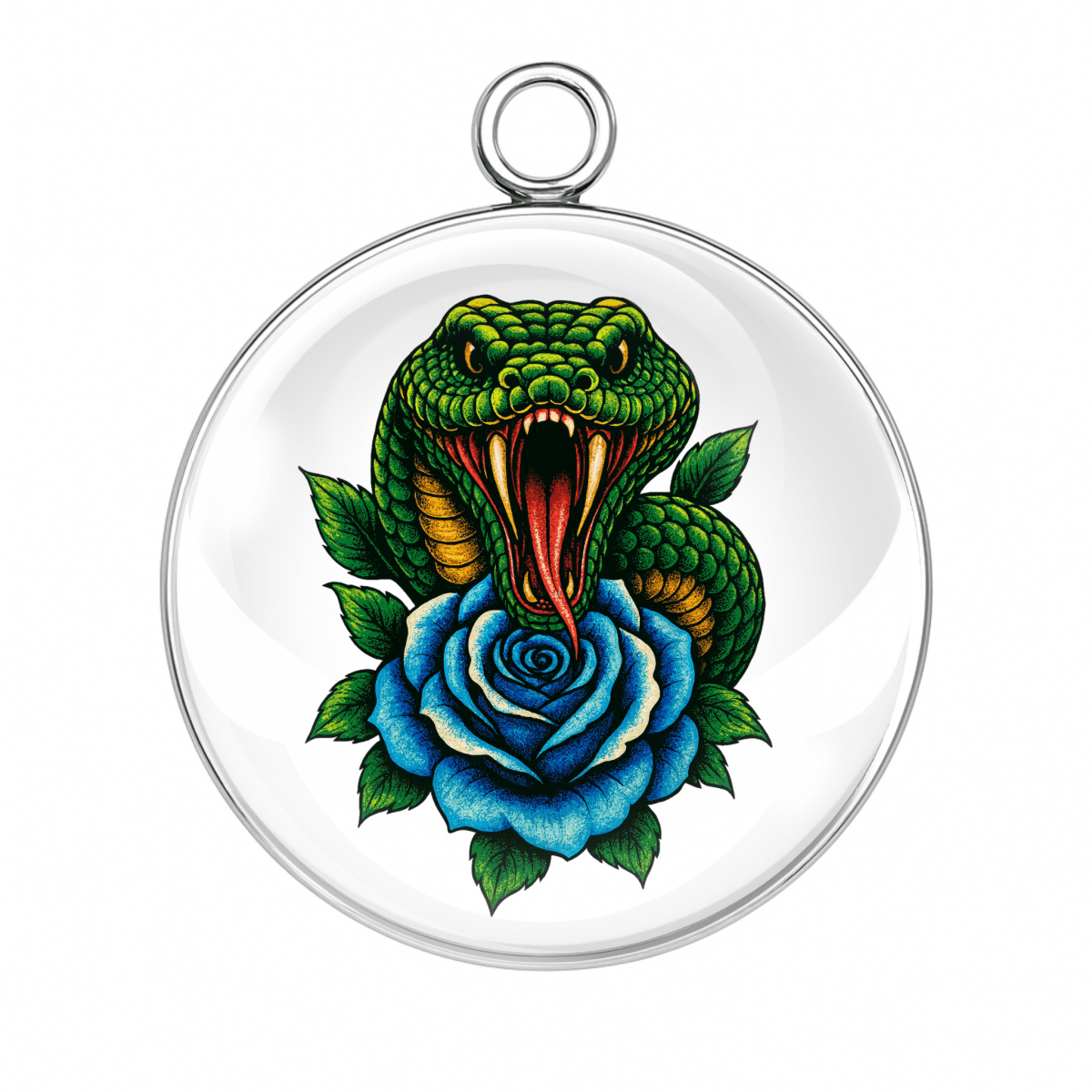 "Screaming green snake with open fangs and blue rose on white background charm"