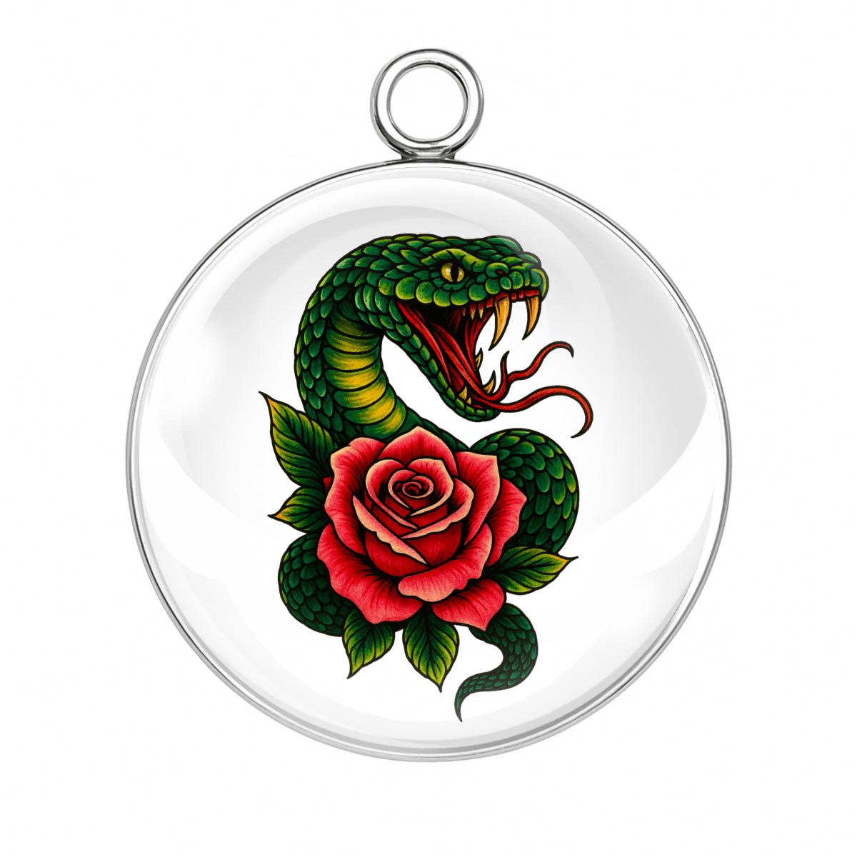 "Hissing green snake with red rose, white background glass cabochon charm"