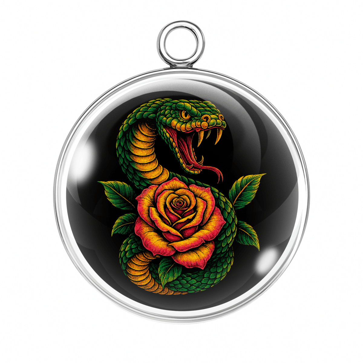 "Curled snake with red and yellow rose, black background glass cabochon charm"
