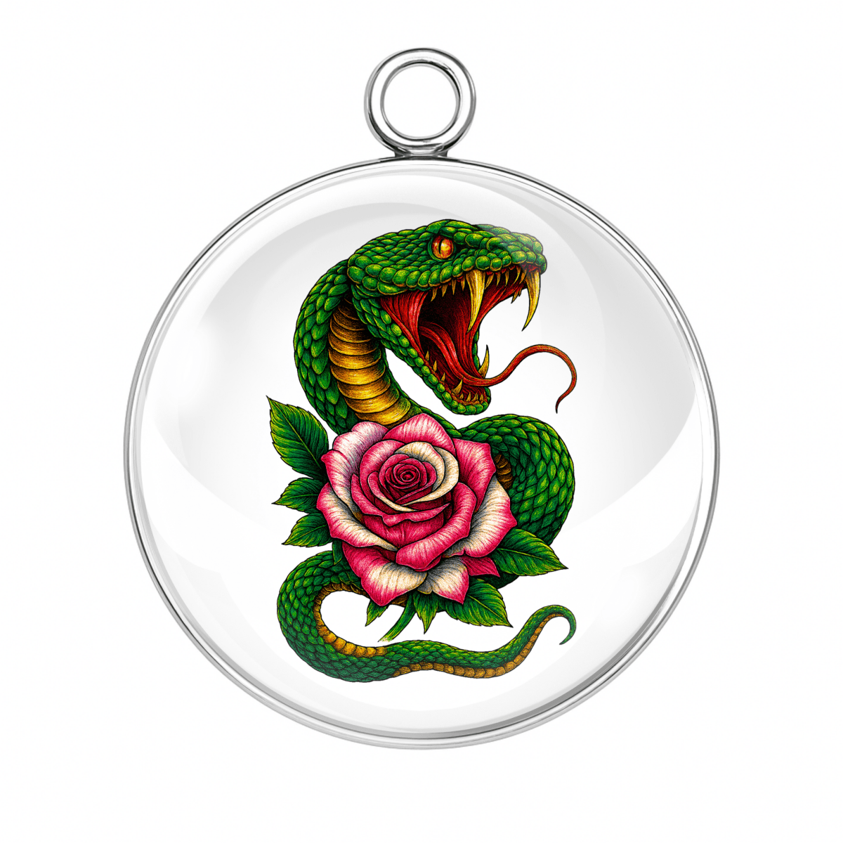 "Green and yellow snake entwined with a pink and white rose on white background charm"