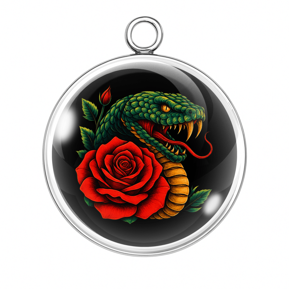 "Teal and yellow snake with red rose, black background glass cabochon charm"