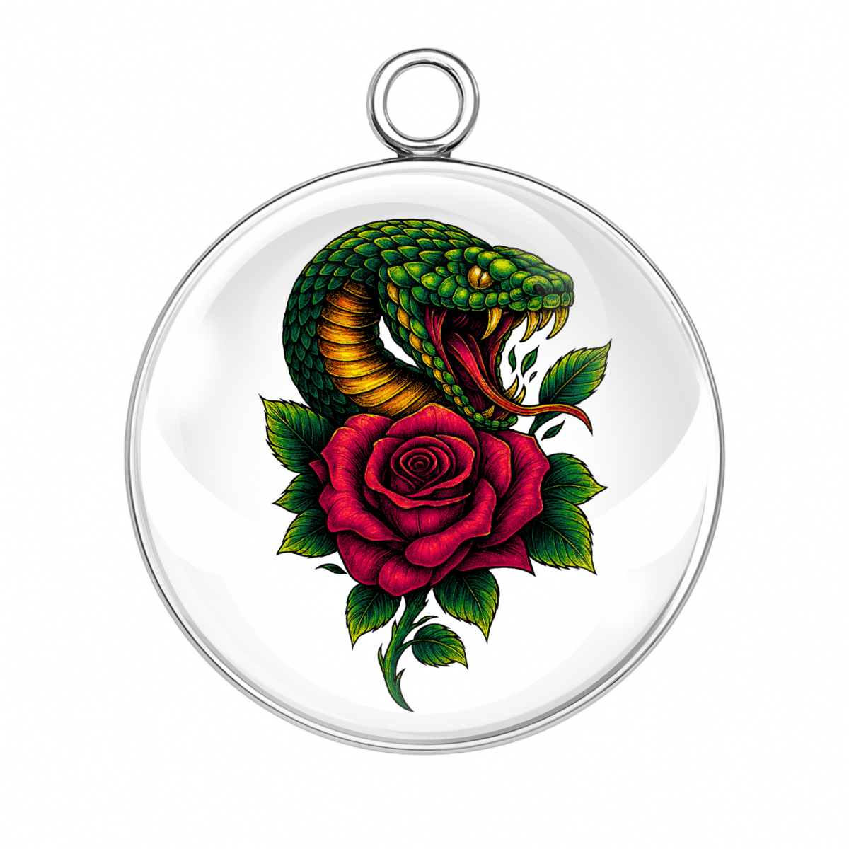 "Coiled green snake with fangs and dark red rose on white background charm"