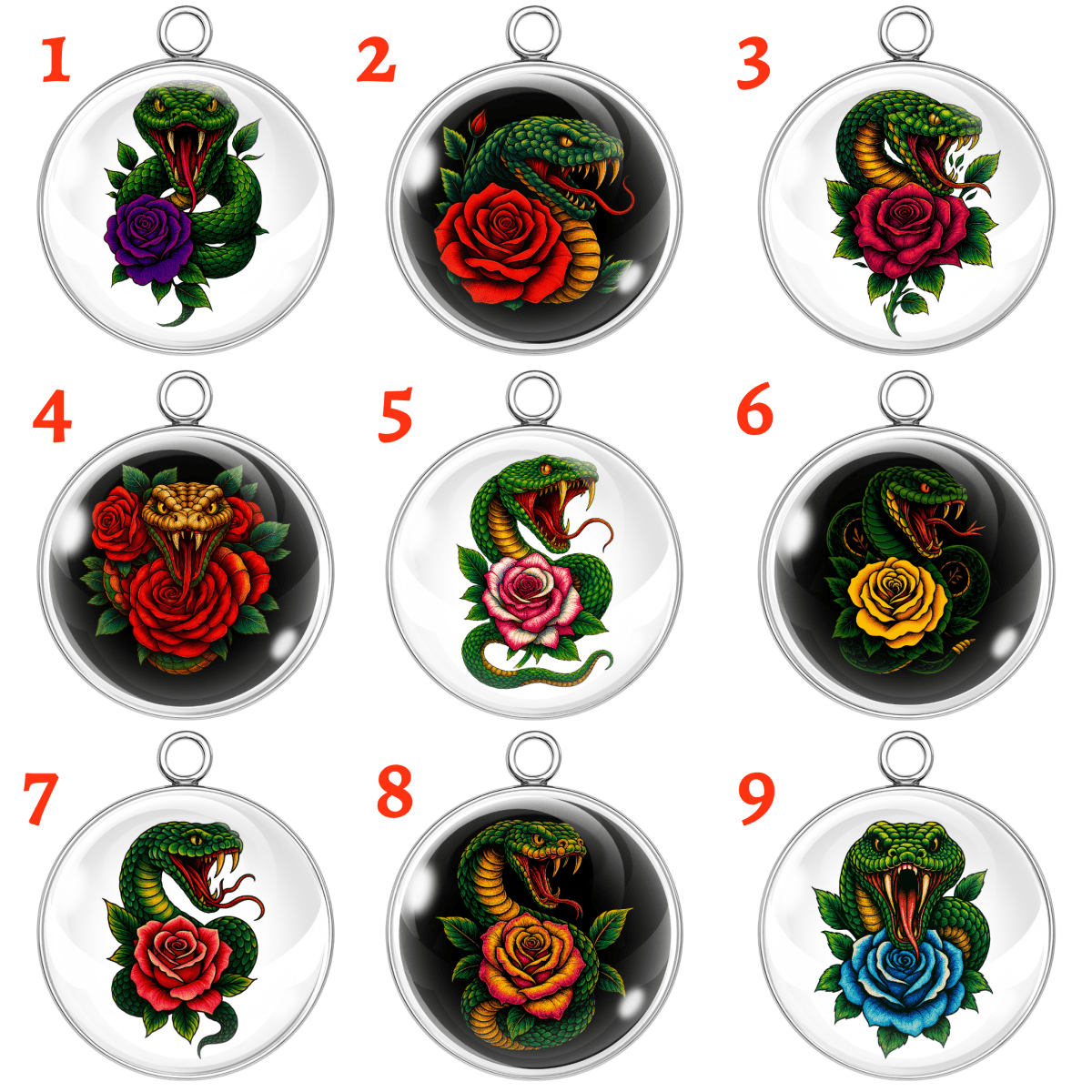 "Collection of 9 handmade glass cabochon snake and rose charms in stainless steel settings, tattoo-style designs, numbered for selection"