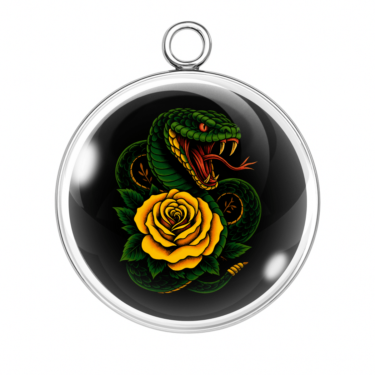 "Angry snake coiled around a bright yellow rose with a black background glass charm"