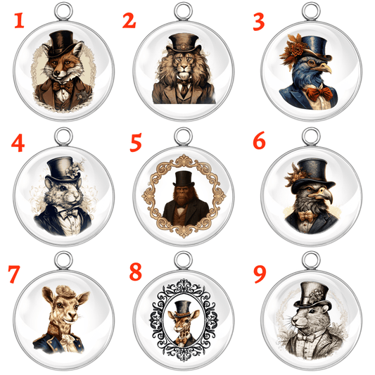 Victorian animal portrait charms – illustrated fox, lion, owl, Bigfoot, and other animals in vintage clothing with top hats, printed under glass cabochons.