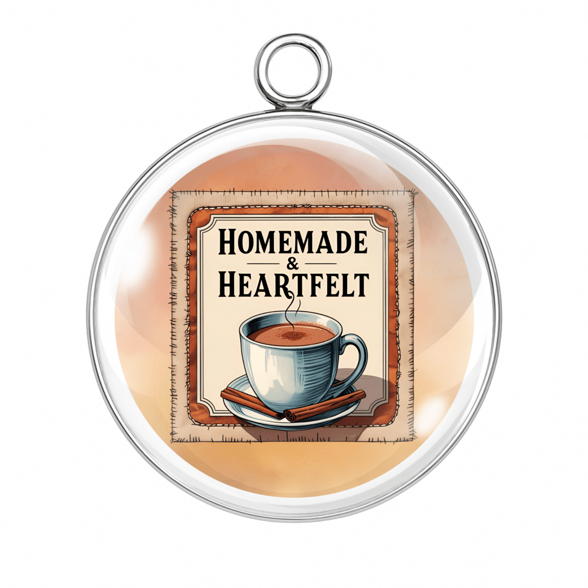 Homemade and heartfelt charm featuring a blue teacup with stitched fall border