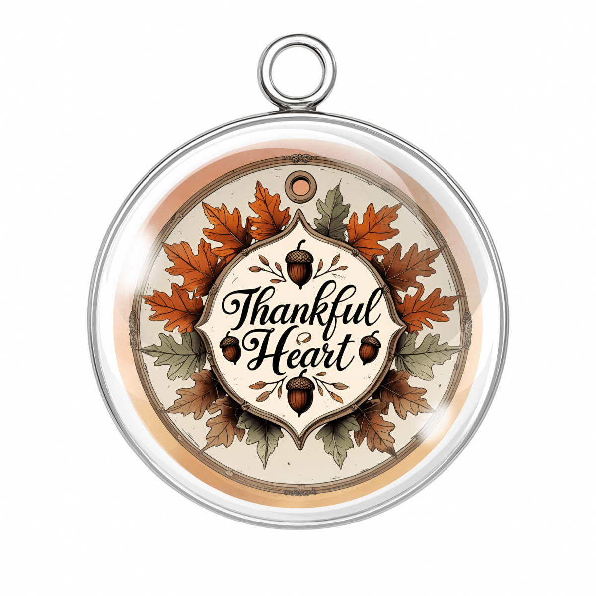 Thankful heart charm with vintage script surrounded by autumn leaves