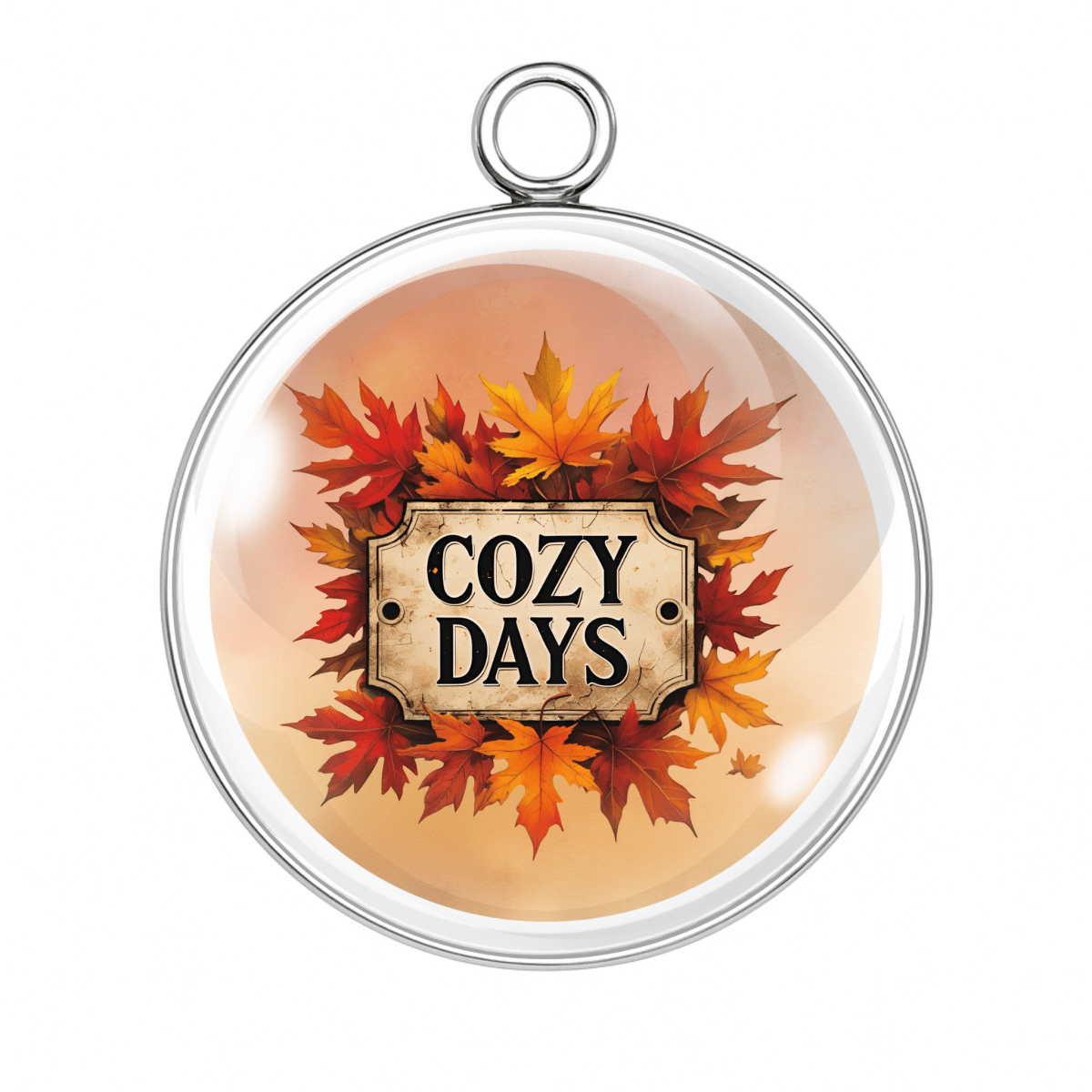 Cozy Days charm with a rustic sign and maple leaf frame in fall colors