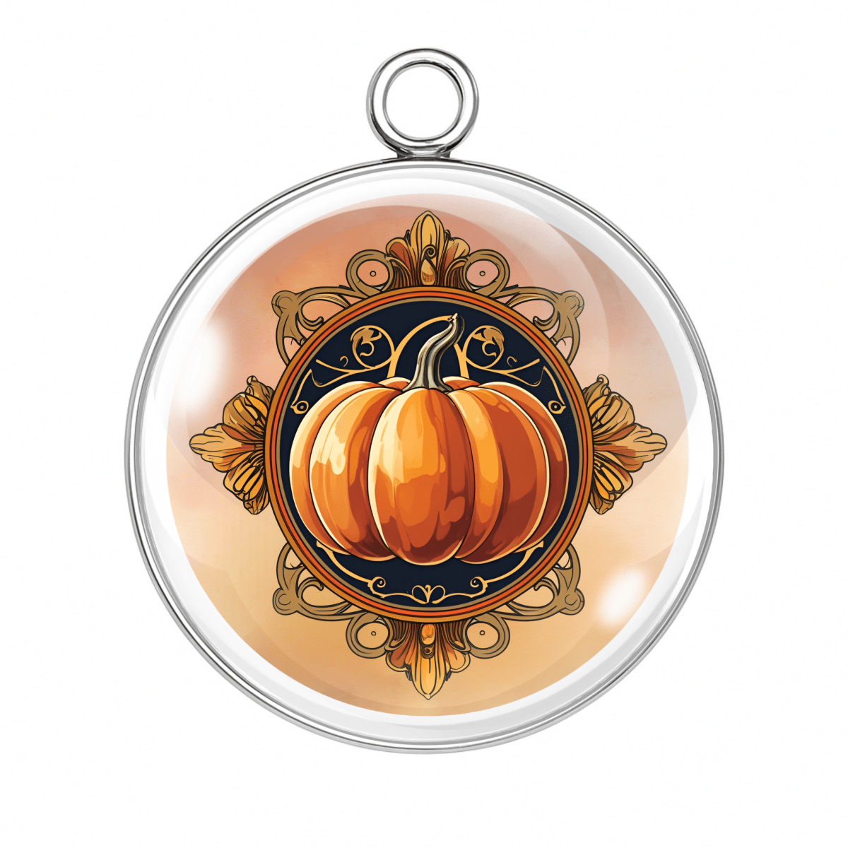 Elegant pumpkin cameo charm with scrollwork background and vintage flair