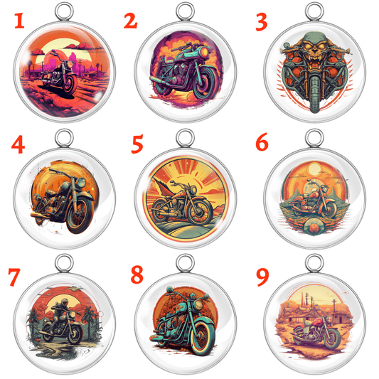 Vintage motorcycle-themed glass cabochon charms in 9 unique designs