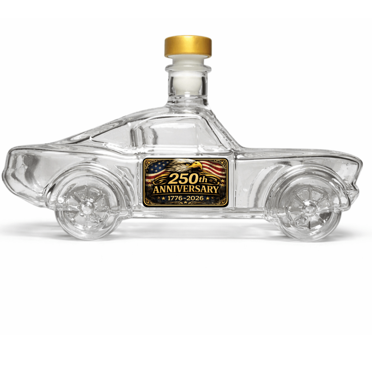 Clear car-shaped bottle with gold cap and '250th Anniversary' label on a white background