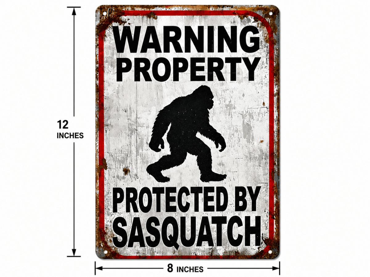 Warning Property Protected By Sasquatch metal sign showing 12 inch by 8 inch dimensions with measurement overlay and Bigfoot silhouette.
