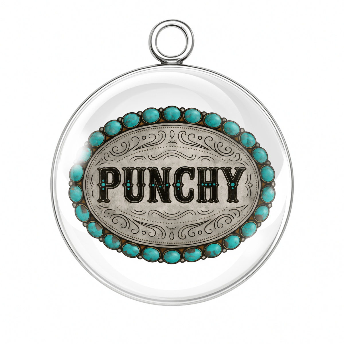 Punchy Belt Buckle Charm – “Western charm with the word 'PUNCHY' engraved on a silver buckle with turquoise stones.”