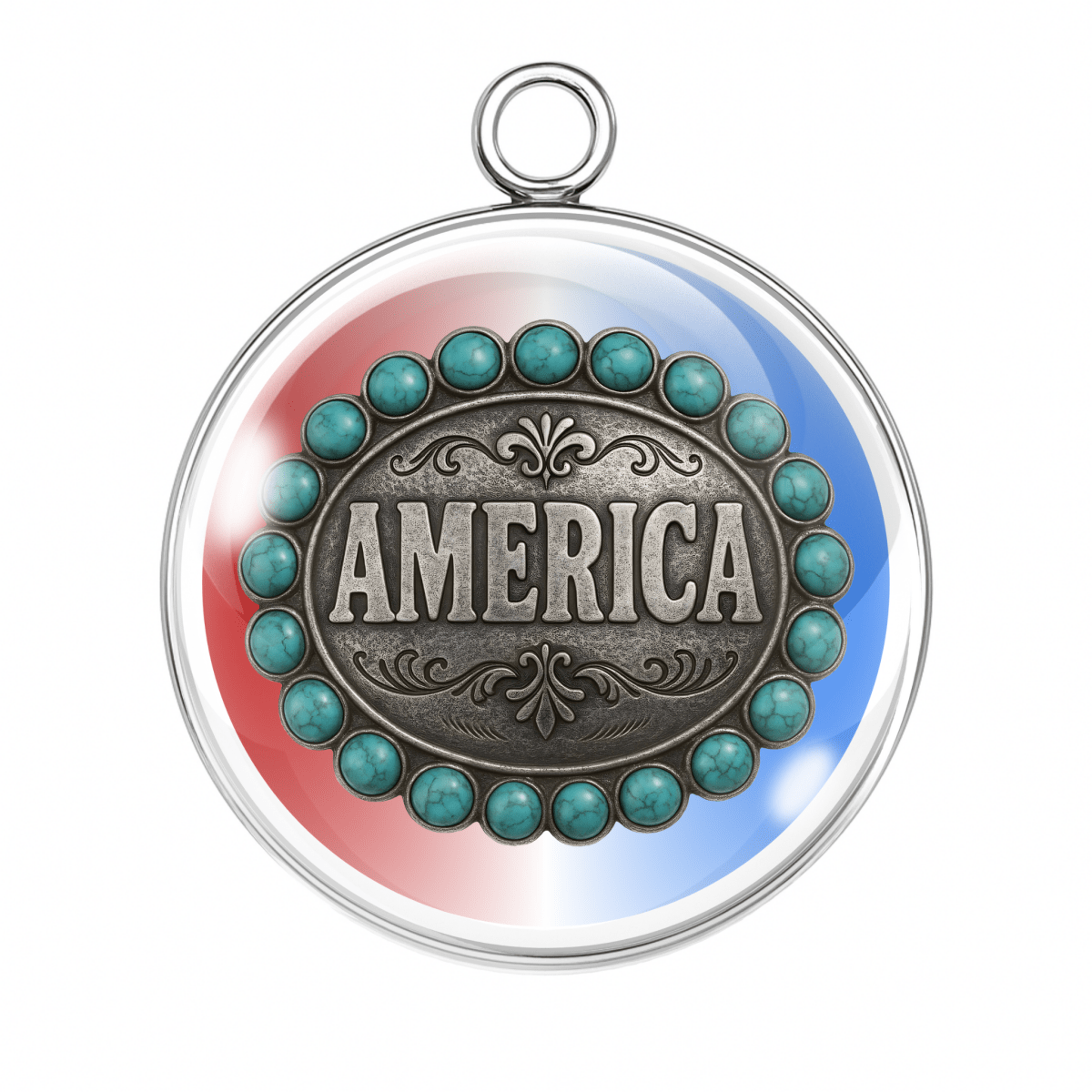 America Belt Buckle Charm – “Turquoise and silver belt buckle charm with 'AMERICA' text in western-style engraving.”