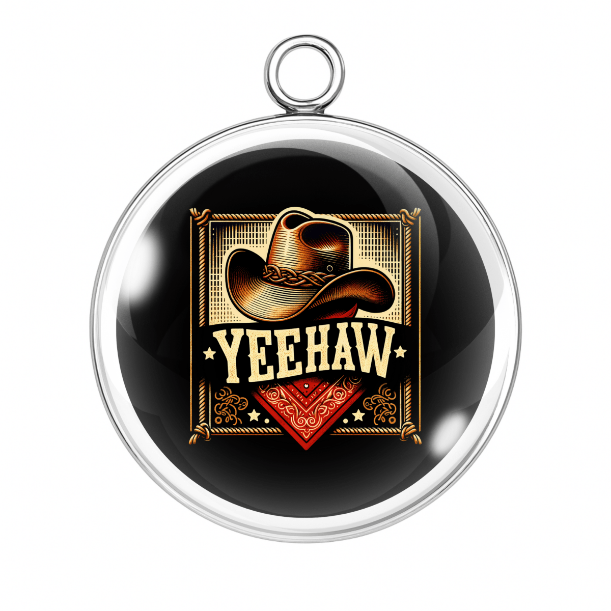 YEEHAW Cowboy Hat Charm – “Western glass charm with cowboy hat and red bandana, bold 'Yeehaw' text in a vintage rope frame.”