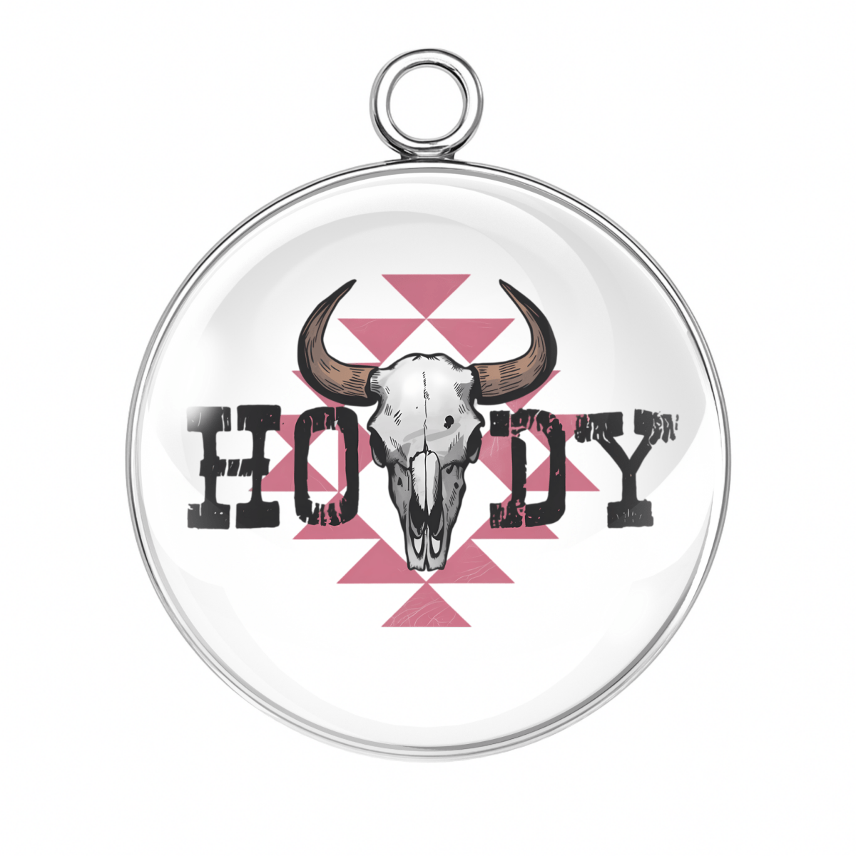 Howdy Skull & Triangle Charm – “Cow skull over pink tribal triangles with the word 'Howdy' in distressed black font.”