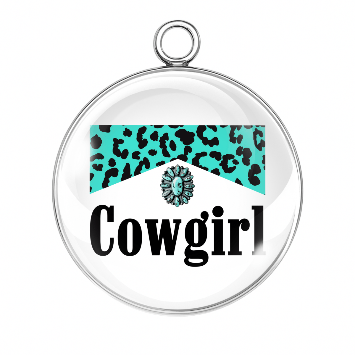 Turquoise Cow Print Charm – “Turquoise and black cow print western charm with concho-style turquoise floral accent.”