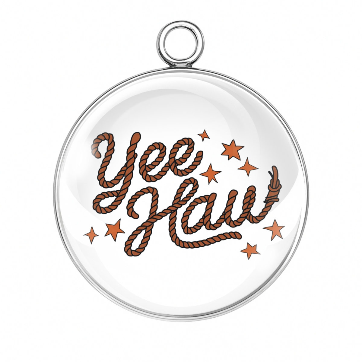 Rope Yee Haw Charm – “Cowgirl style charm with 'Yee Haw' in rope lettering and scattered western stars on black.”