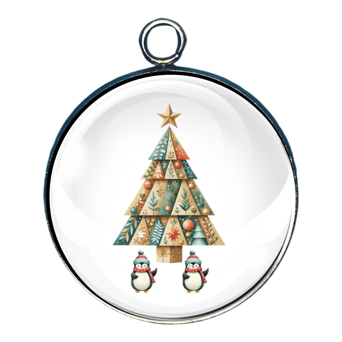 Charm featuring a Patchwork-style Christmas tree with two penguins in the foreground
