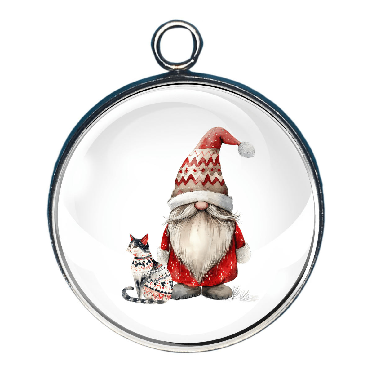 Charm featuring a Scandinavian-style gnome in red with a Scandinavian striped cat