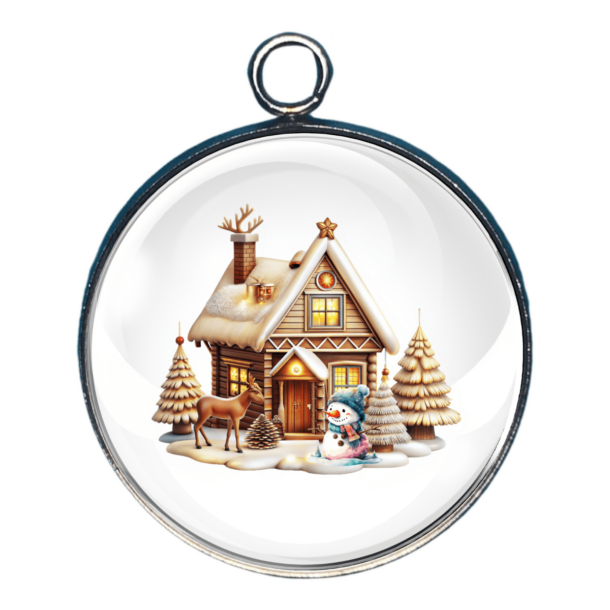 Cozy winter cottage with snowman and reindeer Charm