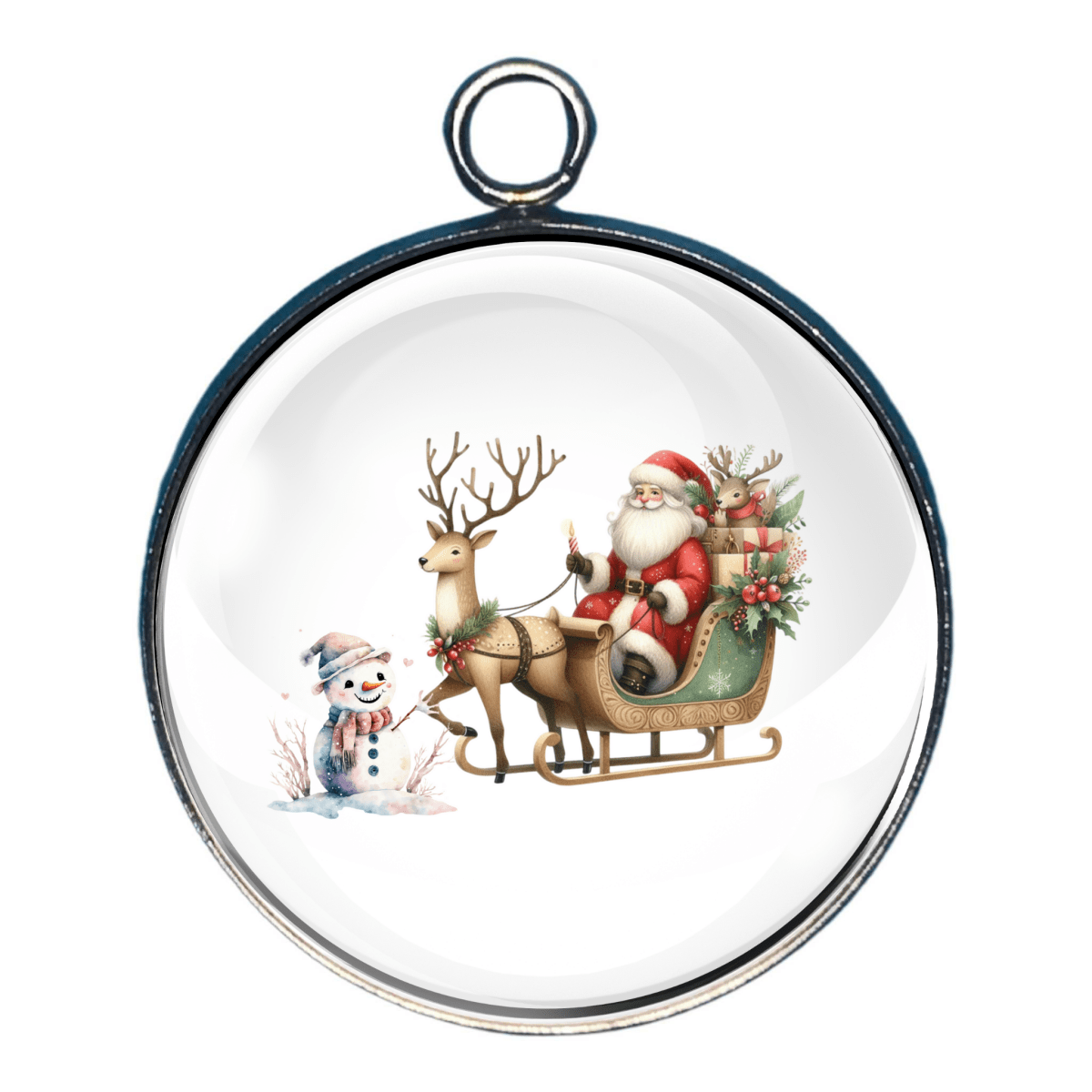 Santa in sleigh with reindeer and smiling snowman Charm