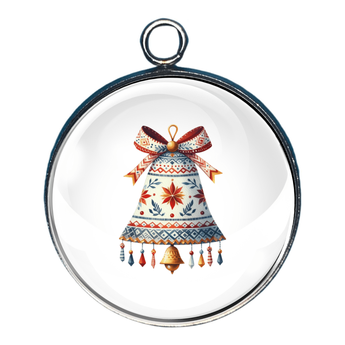 Charm featuring a Nordic patterned holiday bell with bow and hanging ornaments