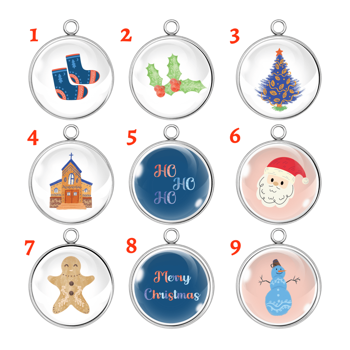 Set of 9 round Christmas charms featuring festive holiday designs including Santa, snowman, stockings, and more.