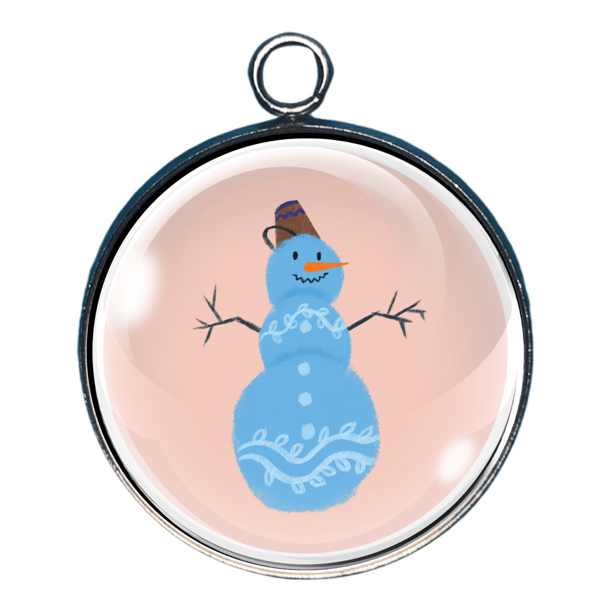 Christmas charm with blue snowman on peach background