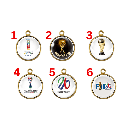 Set of 6 handmade World Cup 2026 soccer charms with gold tone edges.”