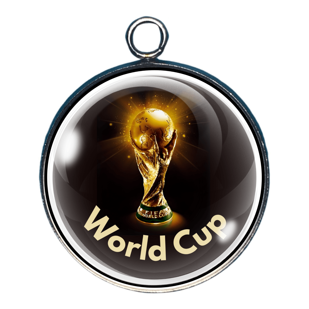 Gold World Cup trophy charm with black background.