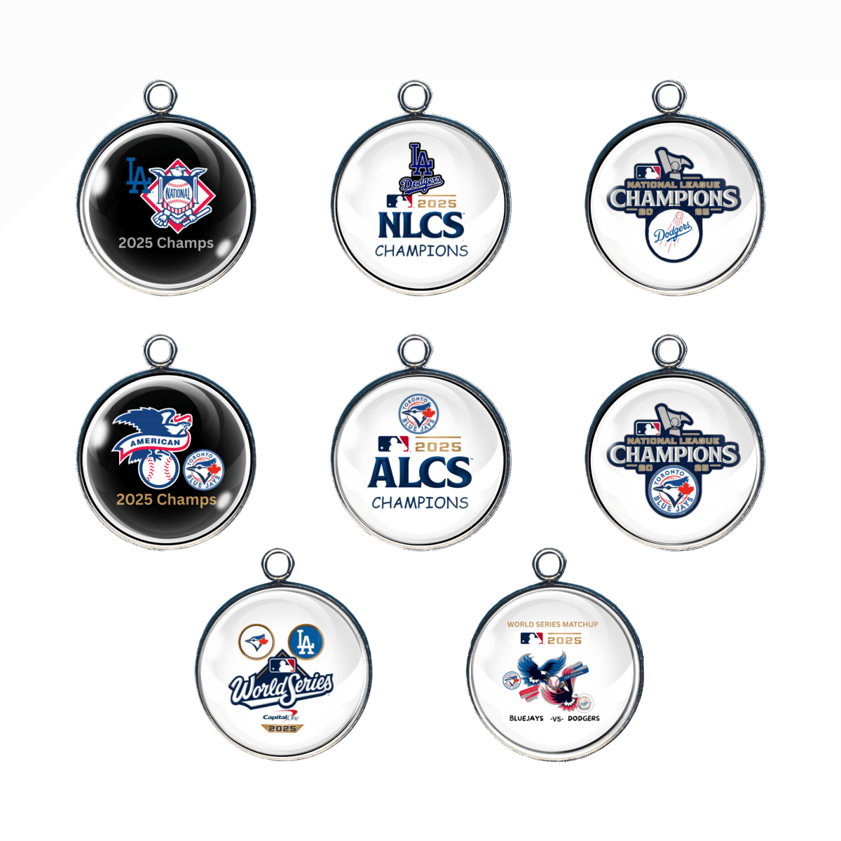 2025 World Series Contenders baseball charms featuring Dodgers and Blue Jays champion designs