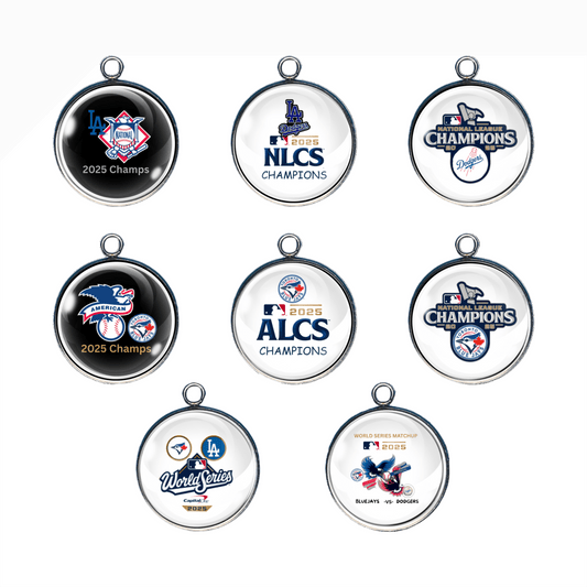 2025 World Series Contenders baseball charms featuring Dodgers and Blue Jays champion designs