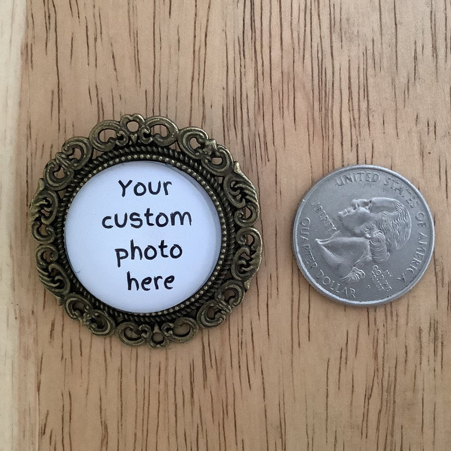25mm Bronze Filagree Custom Photo Lapel Pin - ILikeWorms