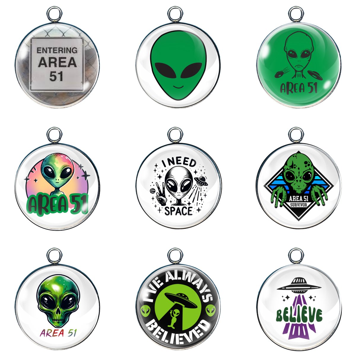 9 Area 51  Aliens glass cabochon charms