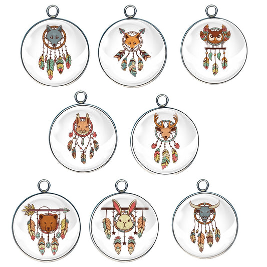 Group of 8 charms featuring dream catchers with animal heads